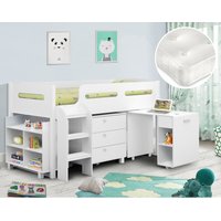 Kimbo/Clay - Single - Mid Sleeper Cabin Bed with Storage and Pull-Out Desk and Open Coil Spring Memory Foam Mattress Included - White - Wooden/Fabric - 3ft - Happy Beds