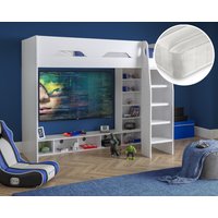 Galaxy/Noah - Single - High Sleeper Bed with Storage and Open Coil Spring Memory Foam Mattress Included - White - Wooden/Fabric - 3ft - Happy Beds
