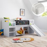 Jake/Noah - Single - Mid Sleeper with Slide and Storage and Open Coil Spring Memory Foam Mattress Included - White - Wooden/Fabric - 3ft - Happy Beds