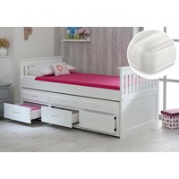 Captains/Theo - Single - Guest Bed with Underbed Trundle and Storage and 2 Pocket Spring Mattresses Included - White - Wooden/Fabric - 3ft - Happy Beds