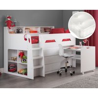 Jupiter/Clay - Single - Mid Sleeper Cabin Bed with Storage and Pull-Out Desk and Open Coil Spring Orthopaedic Mattress Included - White - Wooden/Fabric - 3ft - Happy Beds