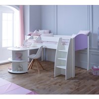 Eli - White and Lilac Kids Mid Sleeper Bed - Desk - Wooden - 3ft - Happy Beds