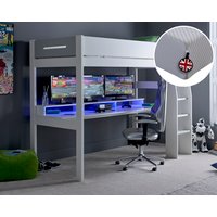 Urban/Sleeptight - European Single - Gaming High Sleeper Bed with Built-in Desk and Storage and Junior Reflex Foam and Ecofoam Mattress Included - Grey/White - Wooden/Fabric - 3ft - Happy Beds