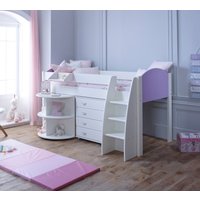 Eli - White and Lilac Kids Mid Sleeper Bed - Desk and Chest - Wooden - 3ft - Happy Beds