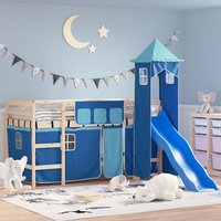 Gorizia Pinewood Kids Loft Bed In Natural With Blue Tower