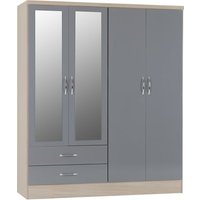 Noir 4 Doors 2 Drawers Mirrored Wardrobe In Grey Gloss And Oak