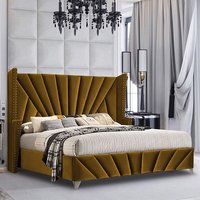 Pikeville Plush Velvet King Size Bed In Mustard