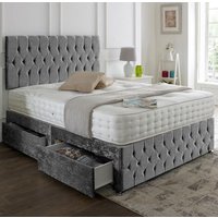 New Velvet Divan Bed Set + Matching Beirut Headboard & Footboard + Hand Tufted Pocket Spring Memory Mattress / 2 Ft 6 Small Single / Ivory / Nostorage / Nomattress